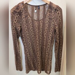 BKE Brown Lace Long Sleeve Top